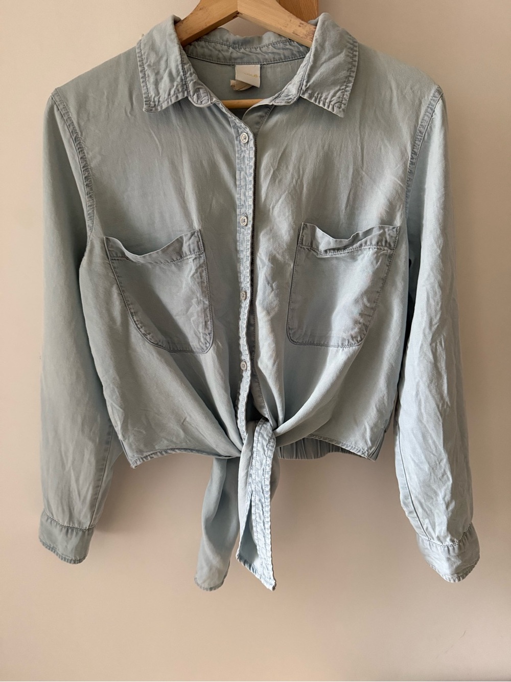 Chambray Tie-Front Button-Up Denim Shirt